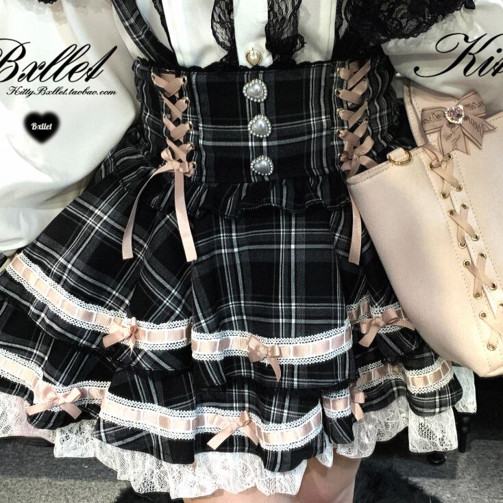 YUMEKAWA ♡ ( 3 colors ) Glen Check Suspender Skirt #suka12
