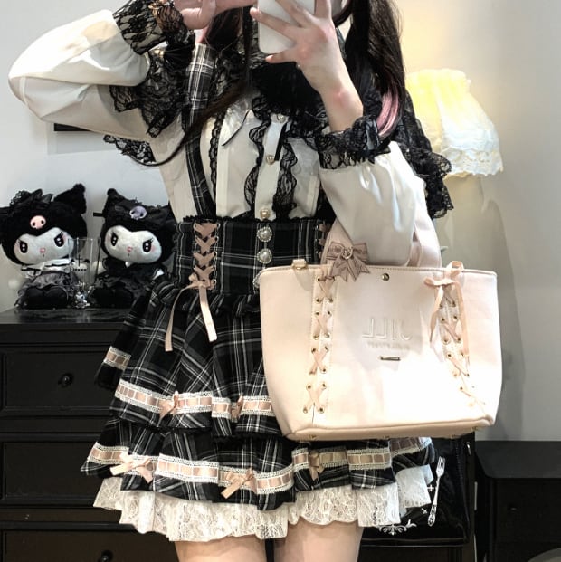YUMEKAWA ♡ ( 3 colors ) Glen Check Suspender Skirt #suka12