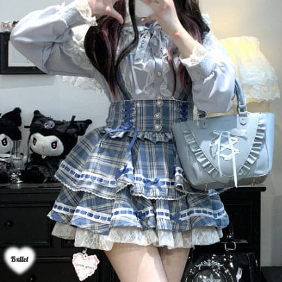 YUMEKAWA ♡ ( 3 colors ) Glen Check Suspender Skirt #suka12