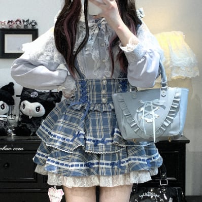 YUMEKAWA ♡ ( 3 colors ) Glen Check Suspender Skirt #suka12