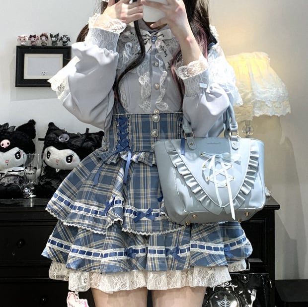 YUMEKAWA ♡ ( 3 colors ) Glen Check Suspender Skirt #suka12