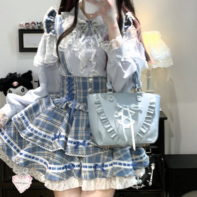 YUMEKAWA ♡ ( 3 colors ) Glen Check Suspender Skirt #suka12