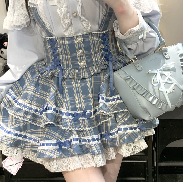 YUMEKAWA ♡ ( 3 colors ) Glen Check Suspender Skirt #suka12