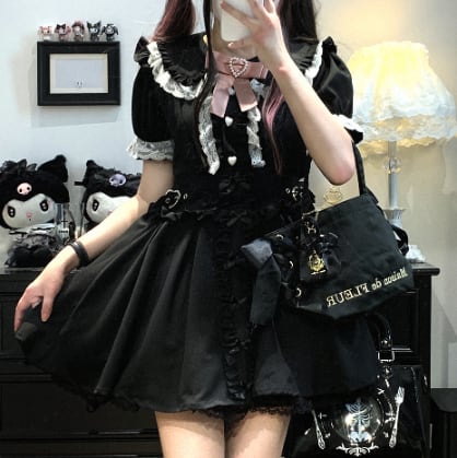 YUMEKAWA ♡ ( 4 colors ) Suspender skirt with petite ribbon #suka6