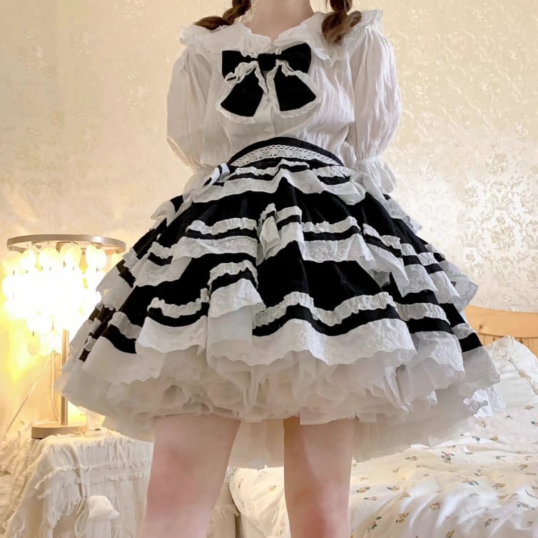 YUMEKAWA ♡ ( 2 colors ) 3-tier ruffle suspender skirt #suka8