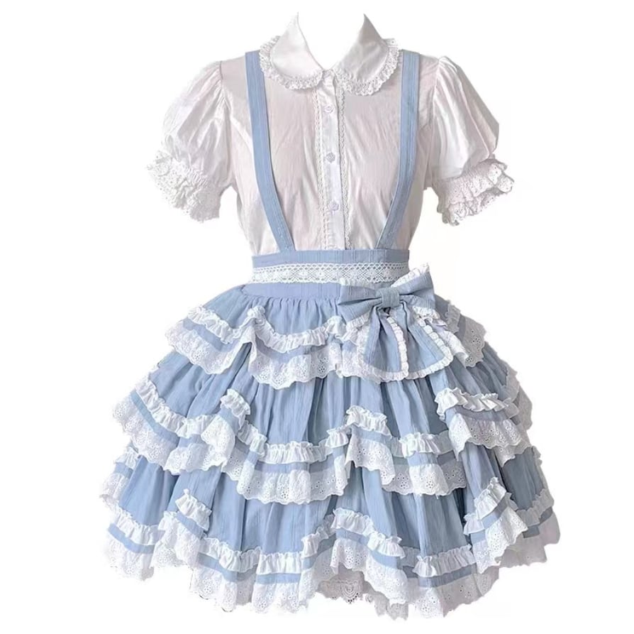 YUMEKAWA ♡ ( 2 colors ) 3-tier ruffle suspender skirt #suka8