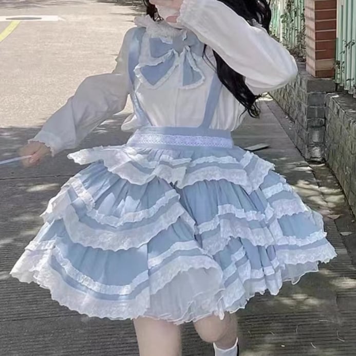 YUMEKAWA ♡ ( 2 colors ) 3-tier ruffle suspender skirt #suka8