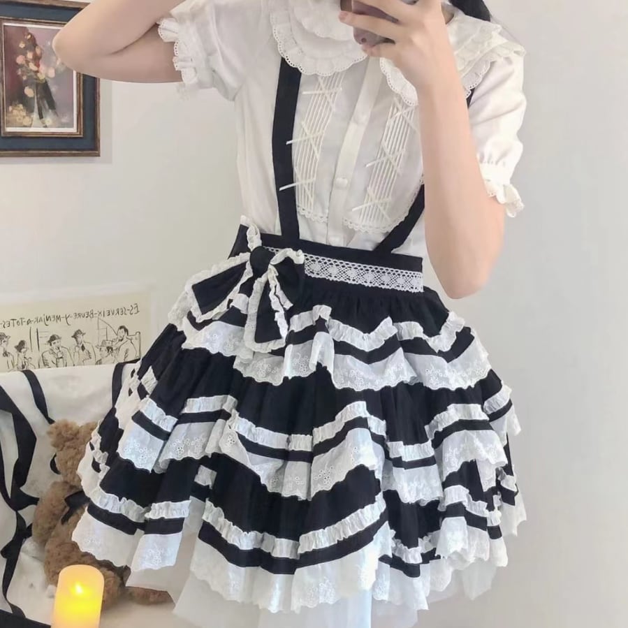 YUMEKAWA ♡ ( 2 colors ) 3-tier ruffle suspender skirt #suka8