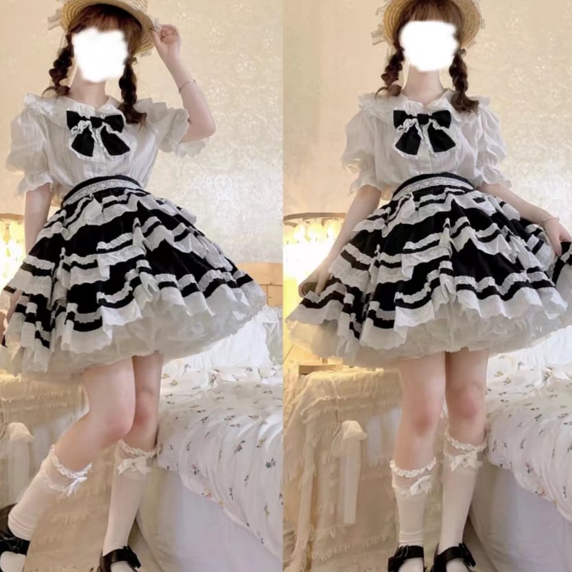 YUMEKAWA ♡ ( 2 colors ) 3-tier ruffle suspender skirt #suka8