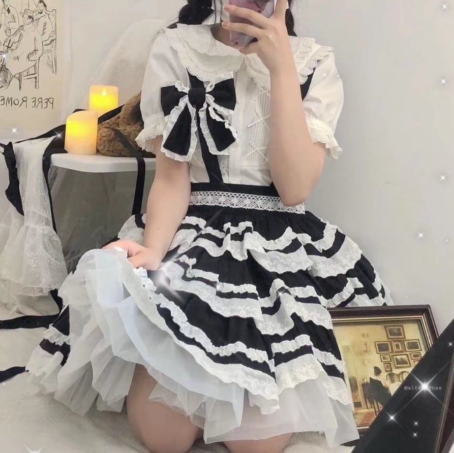 YUMEKAWA ♡ ( 2 colors ) 3-tier ruffle suspender skirt #suka8