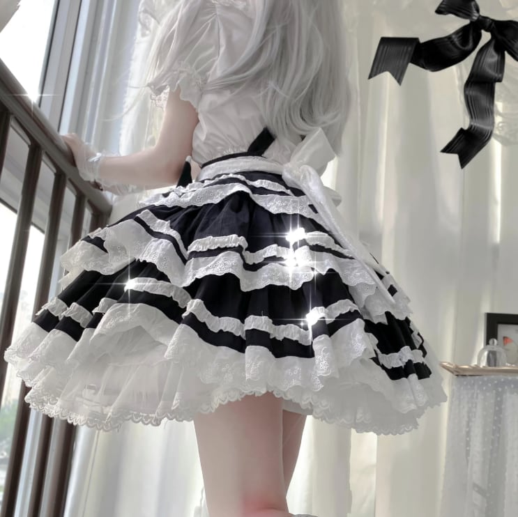 YUMEKAWA ♡ ( 2 colors ) 3-tier ruffle suspender skirt #suka8