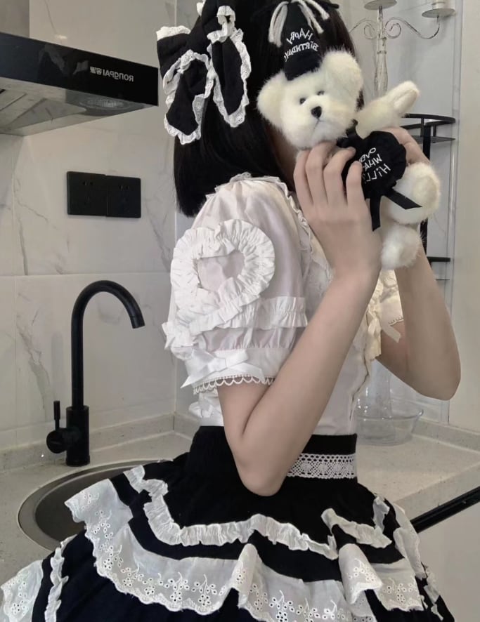 YUMEKAWA ♡ ( 2 colors ) 3-tier ruffle suspender skirt #suka8