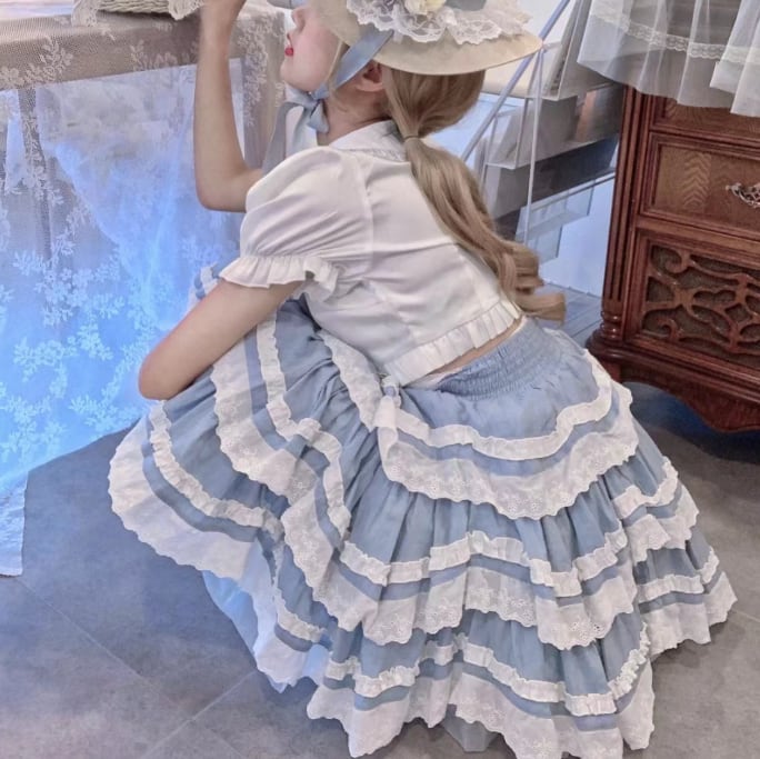 YUMEKAWA ♡ ( 2 colors ) 3-tier ruffle suspender skirt #suka8