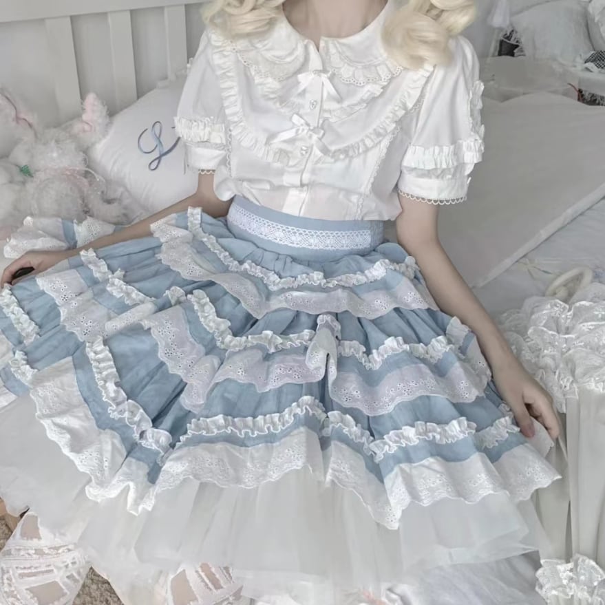 YUMEKAWA ♡ ( 2 colors ) 3-tier ruffle suspender skirt #suka8
