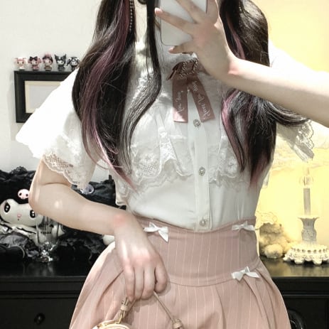 YUMEKAWA ♡ ( 3 colors ) Baguette short sleeve top with ribbon #tops1