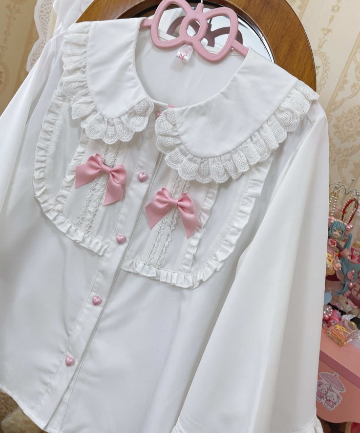 YUMEKAWA ♡ Ruffle blouse with pink ribbon #tops3