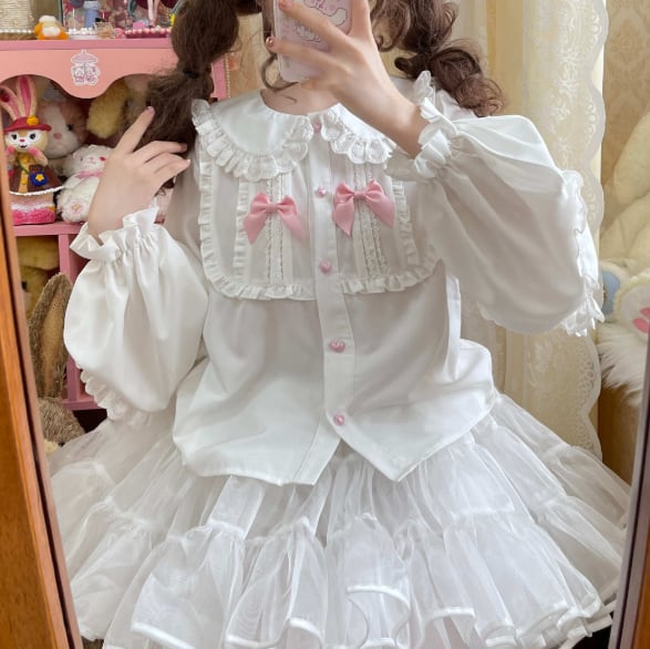YUMEKAWA ♡ Ruffle blouse with pink ribbon #tops3