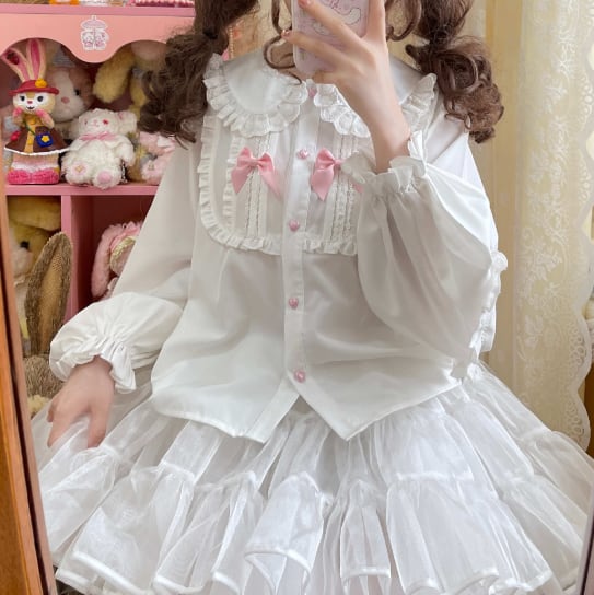 YUMEKAWA ♡ Ruffle blouse with pink ribbon #tops3