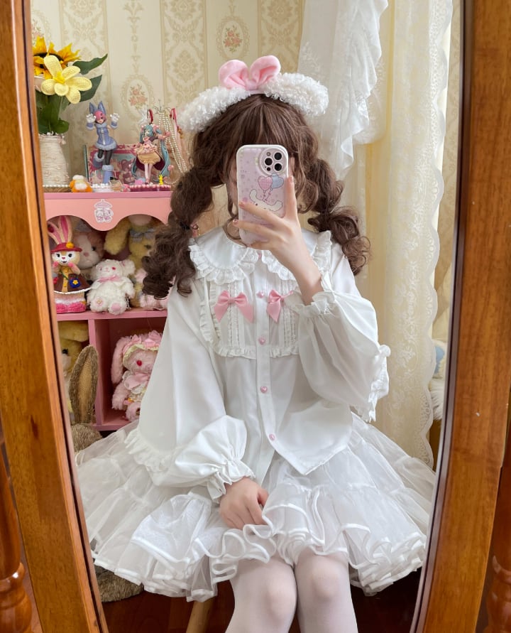 YUMEKAWA ♡ Ruffle blouse with pink ribbon #tops3