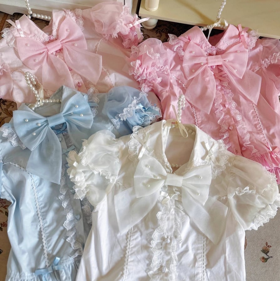 YUMEKAWA ♡ 3 colors Chiffon blouse with ribbon #tops5