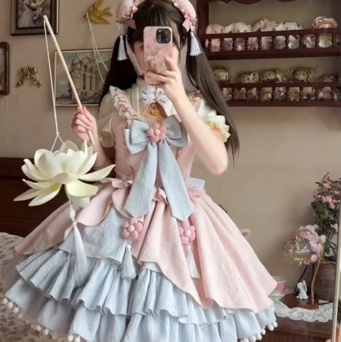 YUMEKAWA ♡ Pink blue Chinese dress #wanpi103