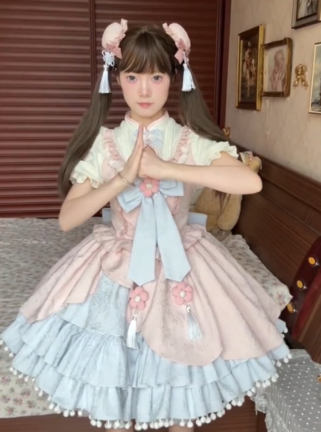 YUMEKAWA ♡ Pink blue Chinese dress #wanpi103