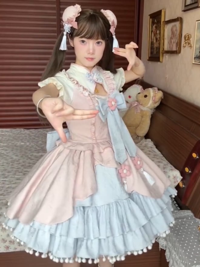 YUMEKAWA ♡ Pink blue Chinese dress #wanpi103