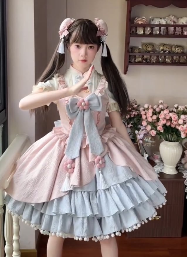YUMEKAWA ♡ Pink blue Chinese dress #wanpi103