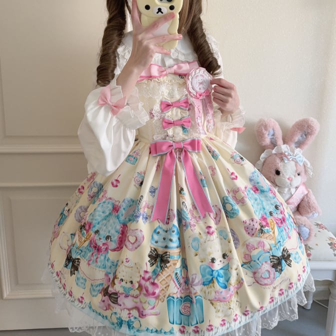 YUMEKAWA ♡ ( 3 colors ) bear sweets jumperskirt <!>no blouse #wanpi105