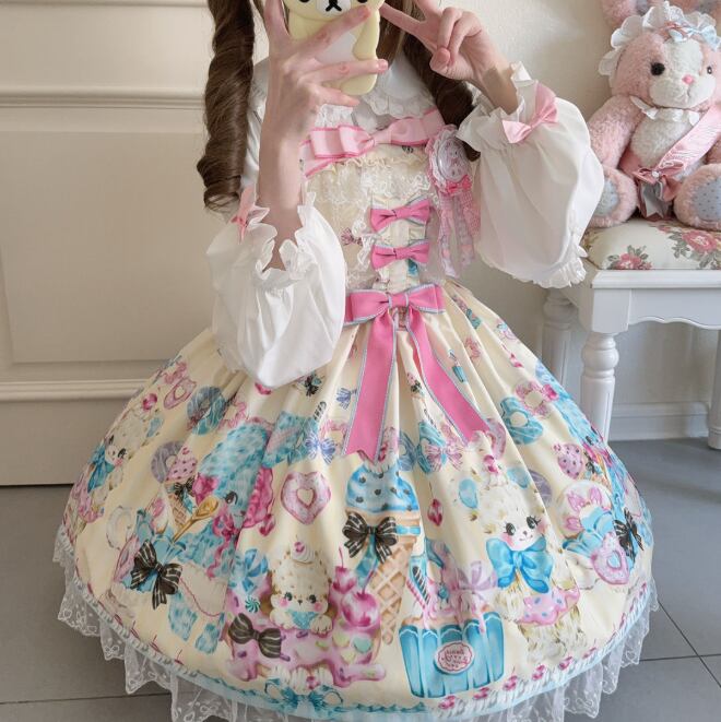 YUMEKAWA ♡ ( 3 colors ) bear sweets jumperskirt <!>no blouse #wanpi105