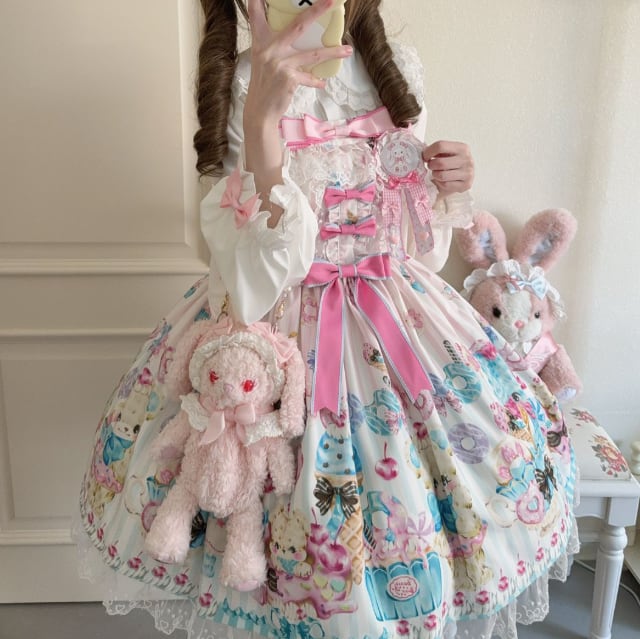 YUMEKAWA ♡ ( 3 colors ) bear sweets jumperskirt <!>no blouse #wanpi105