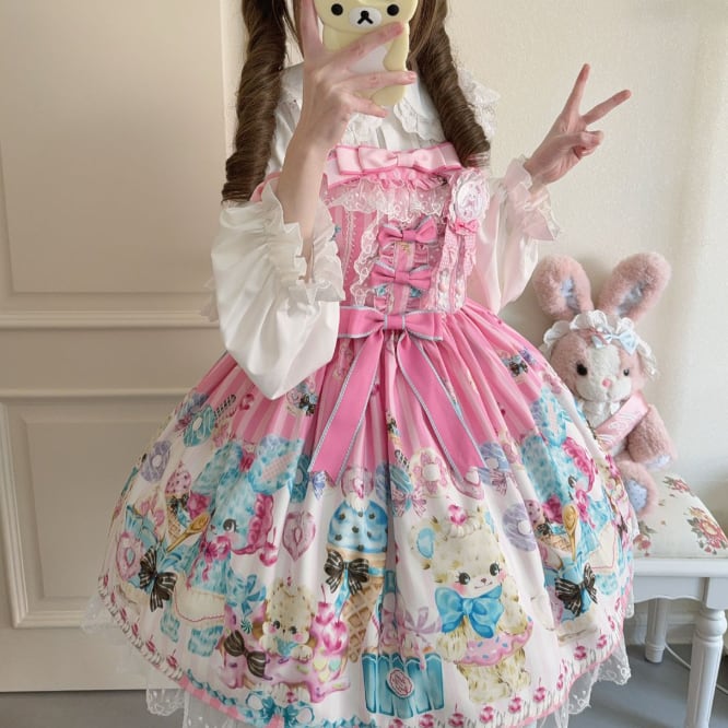 YUMEKAWA ♡ ( 3 colors ) bear sweets jumperskirt <!>no blouse #wanpi105