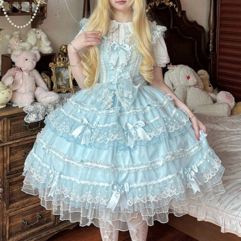 YUMEKAWA ♡ 2 colors Chiffon dress with back ribbon #wanpi112
