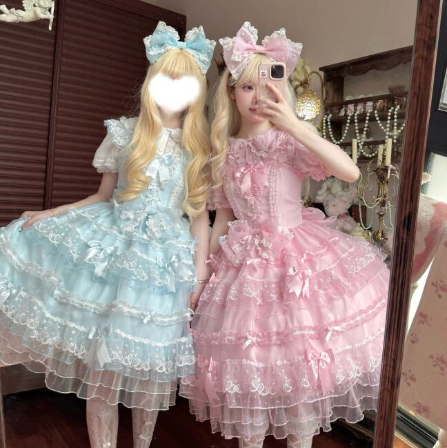 YUMEKAWA ♡ 2 colors Chiffon dress with back ribbon #wanpi112
