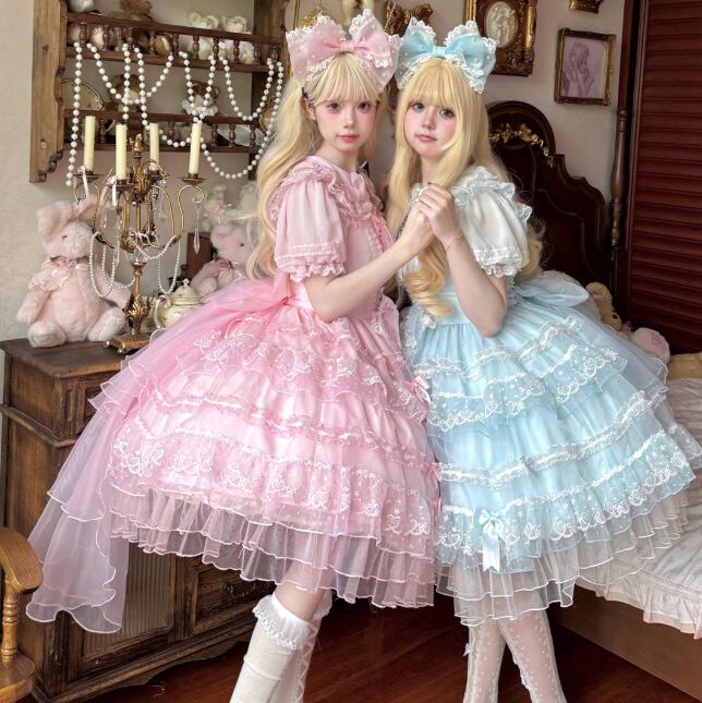 YUMEKAWA ♡ 2 colors Chiffon dress with back ribbon #wanpi112