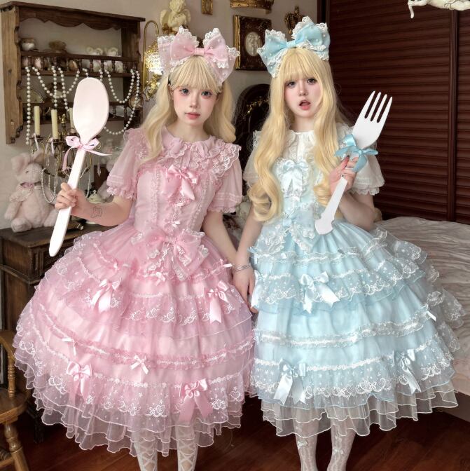 YUMEKAWA ♡ 2 colors Chiffon dress with back ribbon #wanpi112
