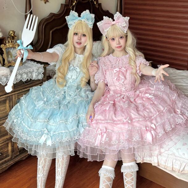 YUMEKAWA ♡ 2 colors Chiffon dress with back ribbon #wanpi112