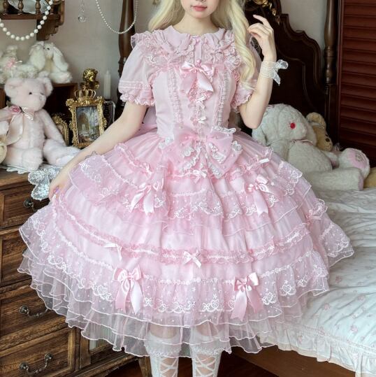 YUMEKAWA ♡ 2 colors Chiffon dress with back ribbon #wanpi112
