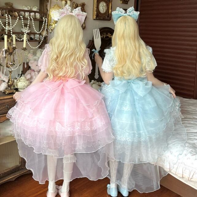 YUMEKAWA ♡ 2 colors Chiffon dress with back ribbon #wanpi112