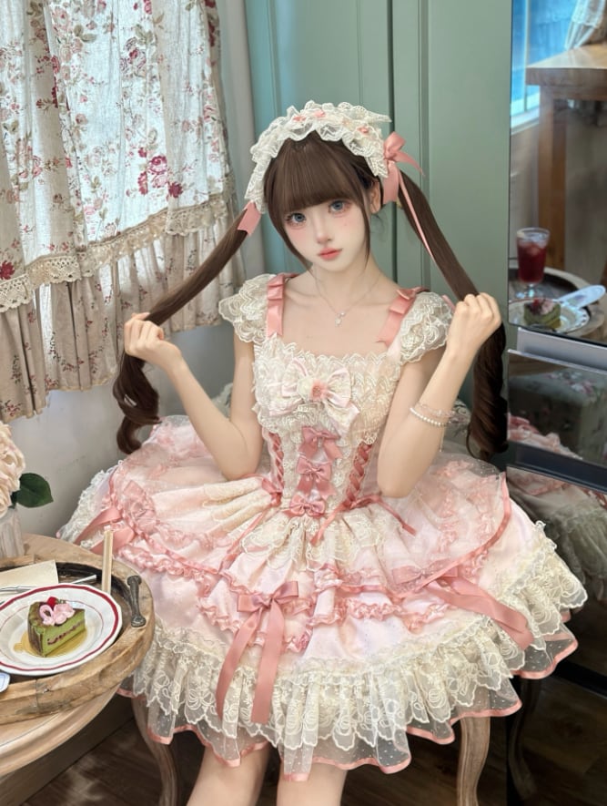 YUMEKAWA ♡ ( 2 colors ) Lolita jumperskirt with back ribbon #wanpi119