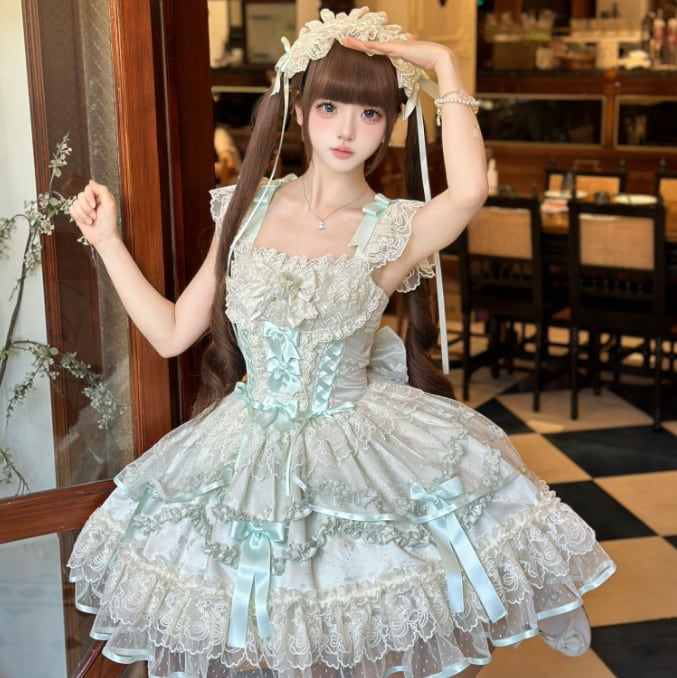 YUMEKAWA ♡ ( 2 colors ) Lolita jumperskirt with back ribbon #wanpi119