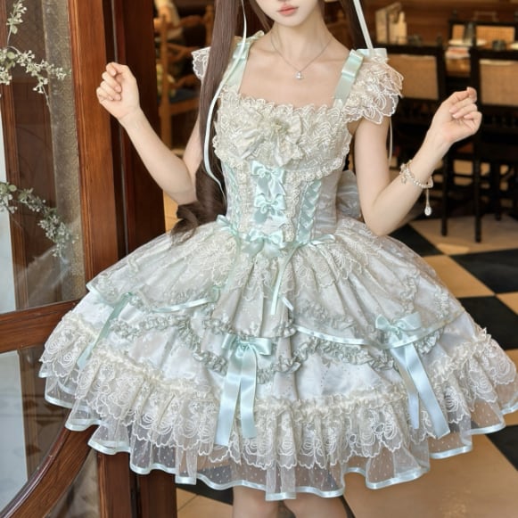 YUMEKAWA ♡ ( 2 colors ) Lolita jumperskirt with back ribbon #wanpi119