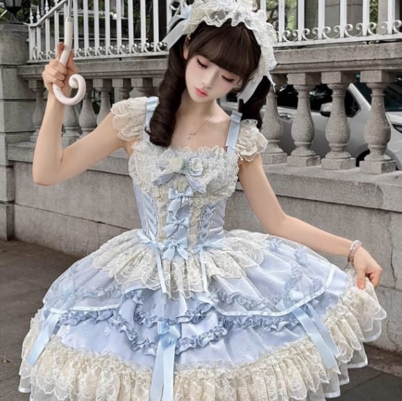 YUMEKAWA ♡ ( 2 colors ) Lolita jumperskirt with back ribbon #wanpi119