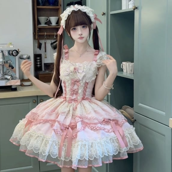 YUMEKAWA ♡ ( 2 colors ) Lolita jumperskirt with back ribbon #wanpi119