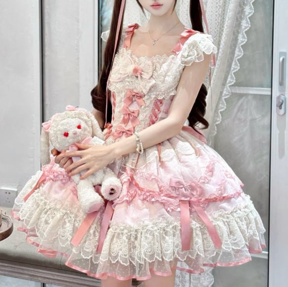 YUMEKAWA ♡ ( 2 colors ) Lolita jumperskirt with back ribbon #wanpi119