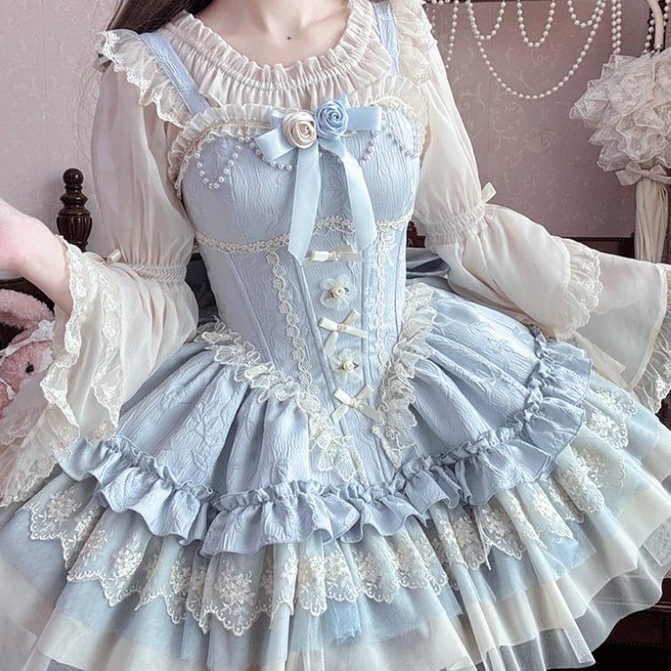 YUMEKAWA ♡ 4 colors Jumper skirt with rose brooch & back ribbon #wanpi120