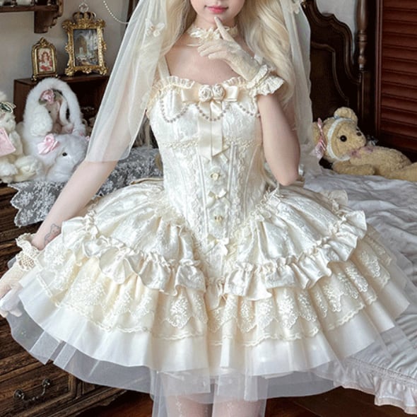 YUMEKAWA ♡ 4 colors Jumper skirt with rose brooch & back ribbon #wanpi120