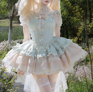 YUMEKAWA ♡ 4 colors Jumper skirt with rose brooch & back ribbon #wanpi120
