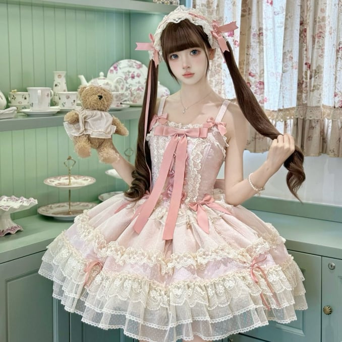 YUMEKAWA ♡ ( 2 colors ) Lolita jumperskirt with back ribbon. #wanpi132