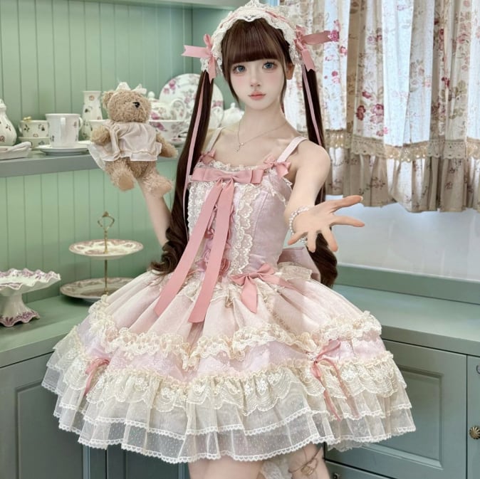 YUMEKAWA ♡ ( 2 colors ) Lolita jumperskirt with back ribbon. #wanpi132